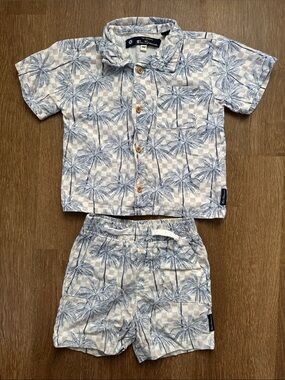 🌴 18M Toddler Blue & Cream Palm-Print Shirt & Shorts Set